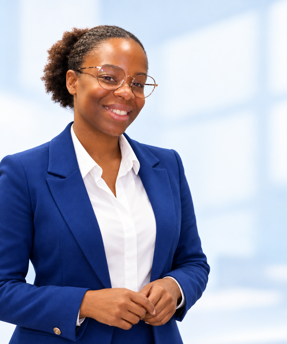 Présentatrice SUN RENOV CSA en veste bleue